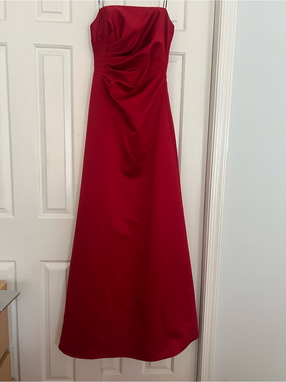 Strapless Red Evening Gown with Draped Bodice